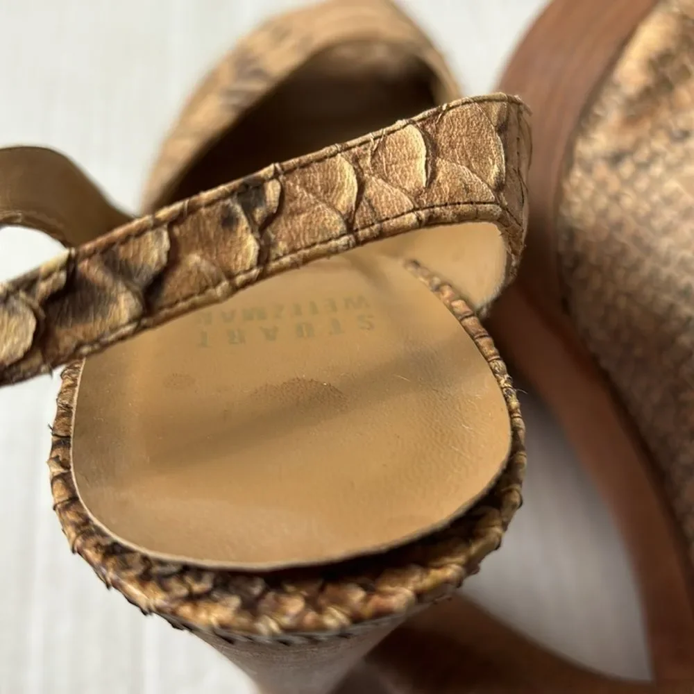 Stuart Weitzman Snakeskin Peep Toe Slingback Wood Platform heels sz 9.5 Mobwife